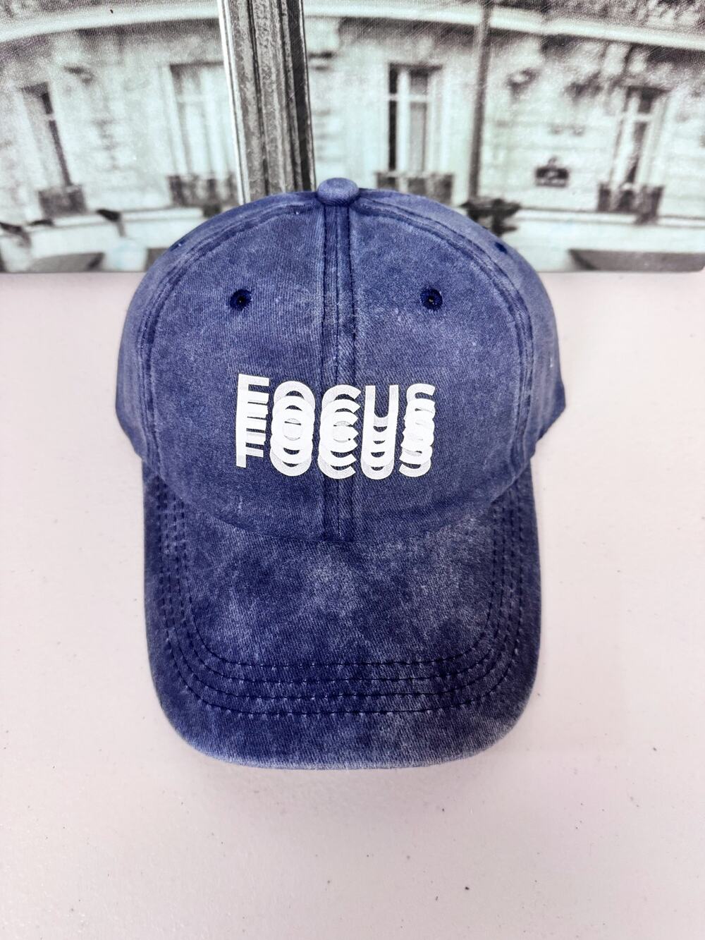 Vintage Washed Blue FOCUS Graphic Cap, Distressed Cotton Dad Hat